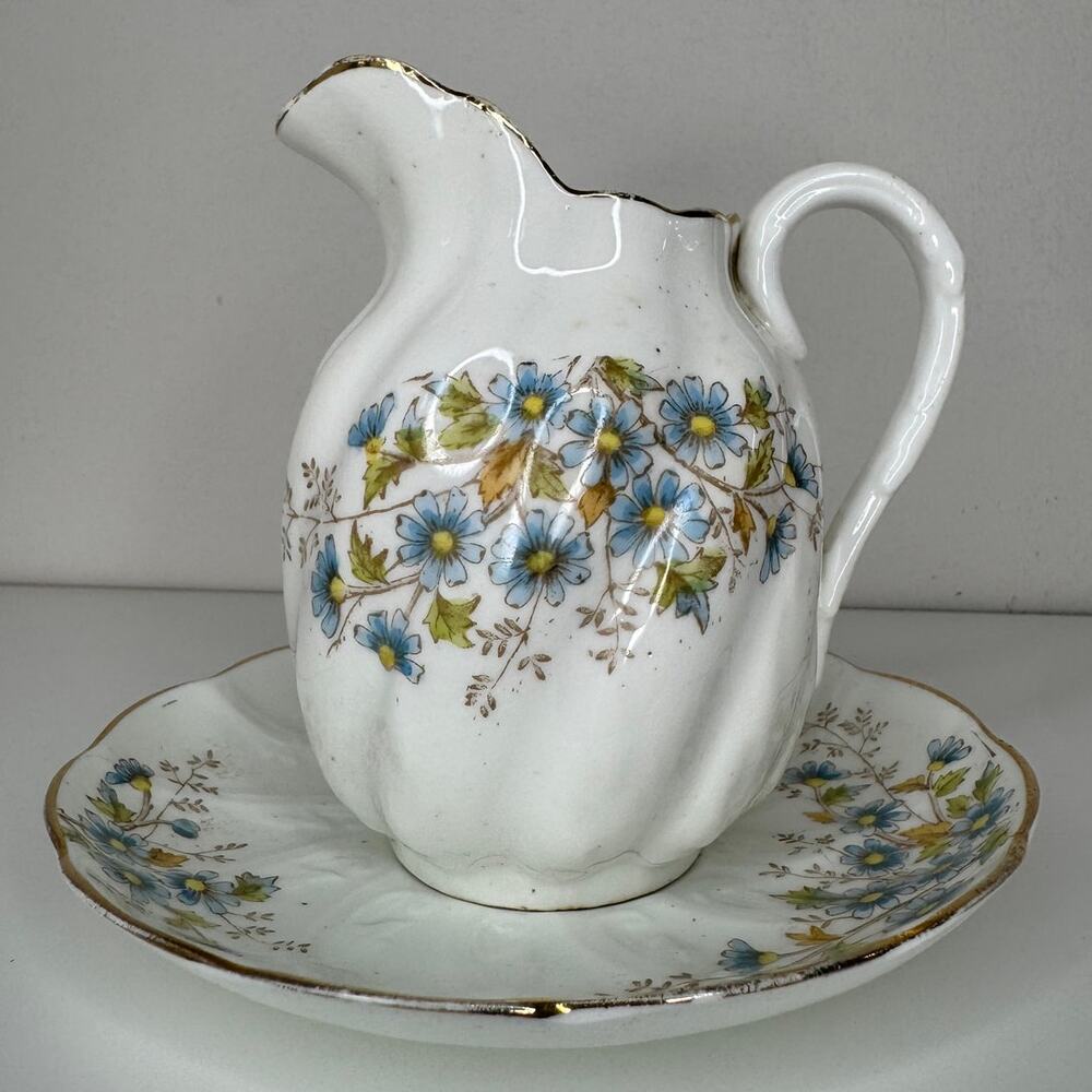 Antique Thomas Morris Niobe Creamer & Underplate Blue Floral Made in England